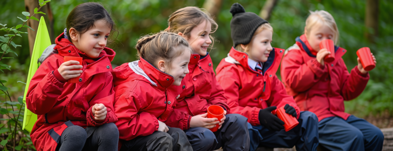 Students in red jackets sitting in a circle in the woods