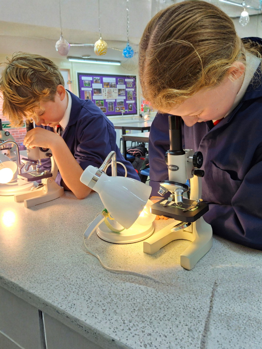 two students using a microscope in science class